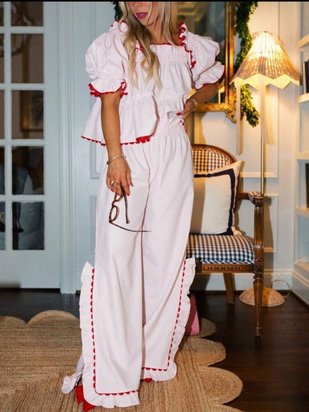 Women’s Pink Wide-Leg Pants with Red Trim